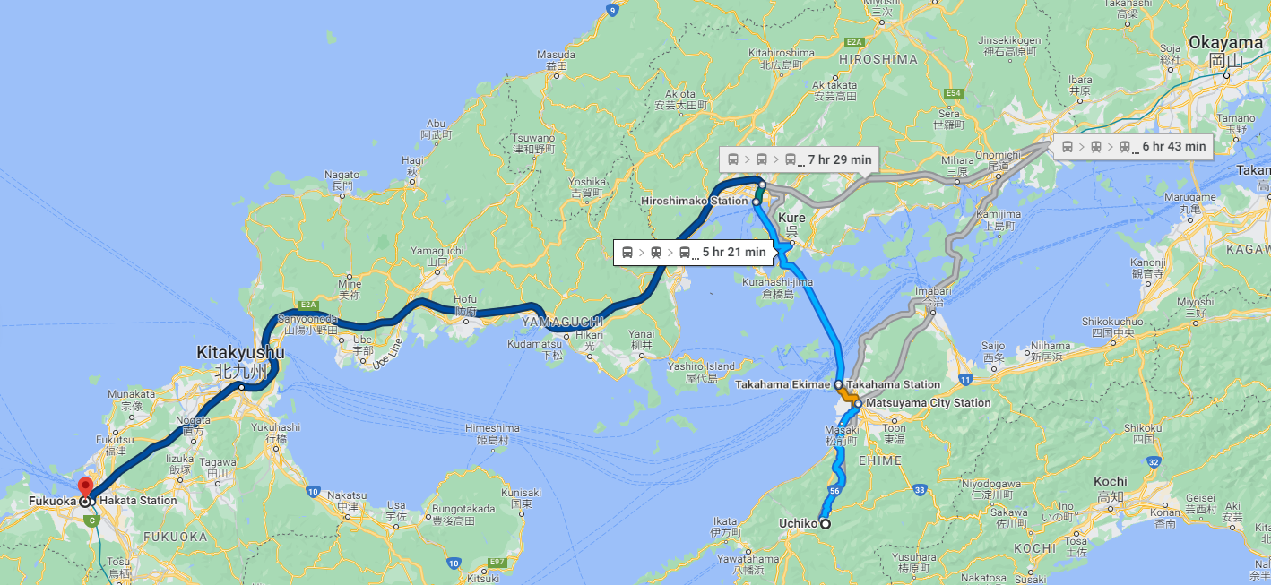 A Google Maps route between Fukuoka and Uchiko that travels across the water.
