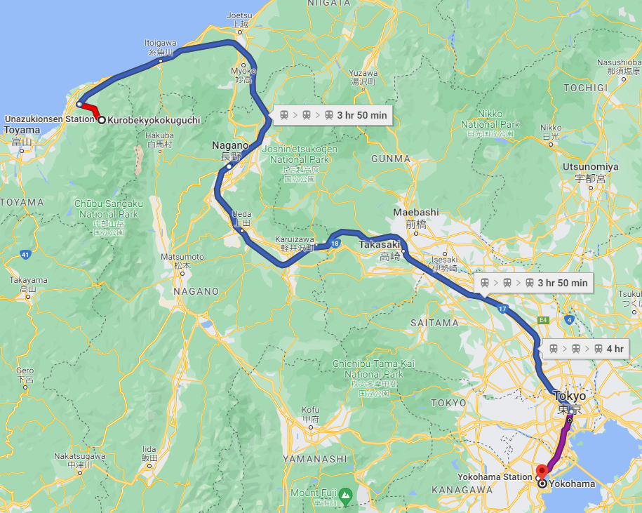 A Google Maps route between Kurobe Gorge and Yokohama.
