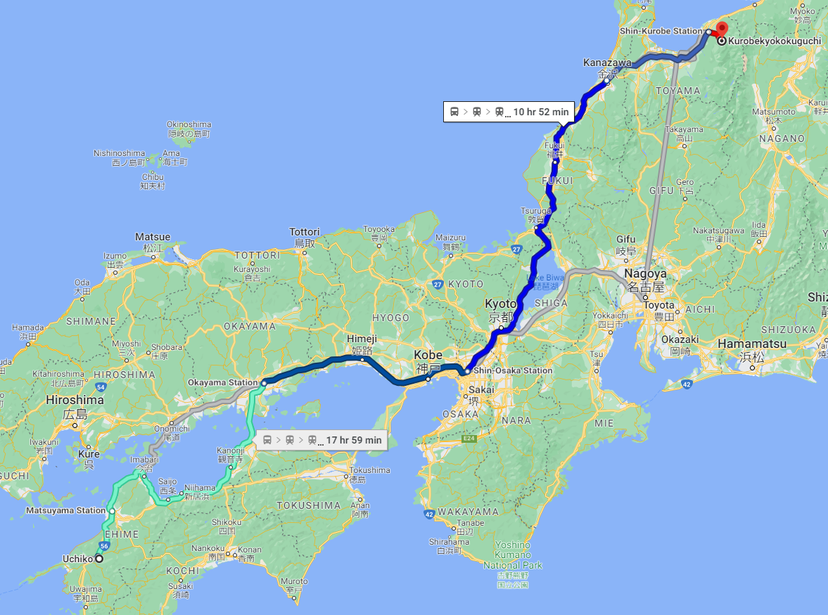 A Google Maps route between Uchiko and Kurobe Gorge.