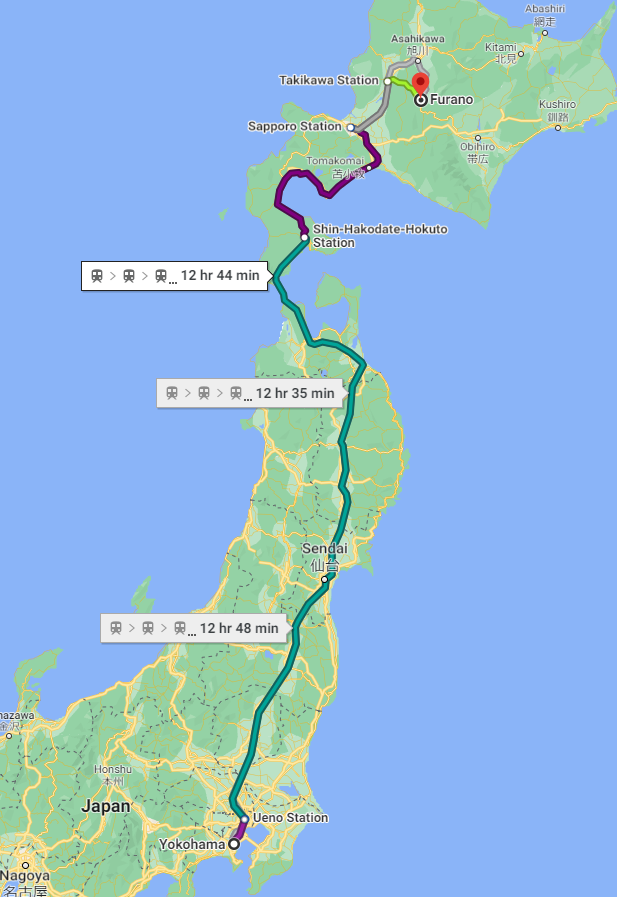 A Google Maps route between Yokohama and Furano.