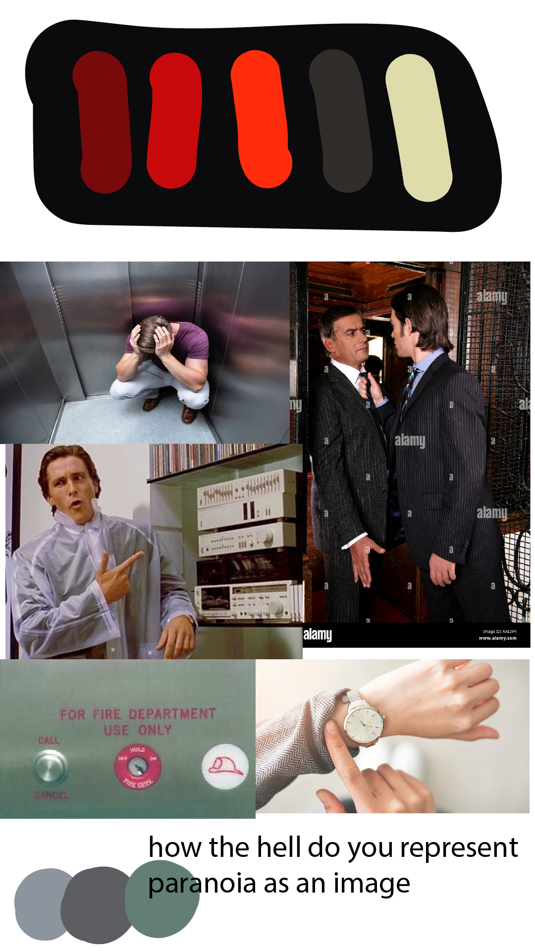 The mood-board made for Elevator. At the top is a small pallete, with jet black, three shades of red, a dark grey, and a bone white. Below are images of someone stuck in an elevator, people arguing in an elevator, and the iconic axe-murder scene from American Psycho.