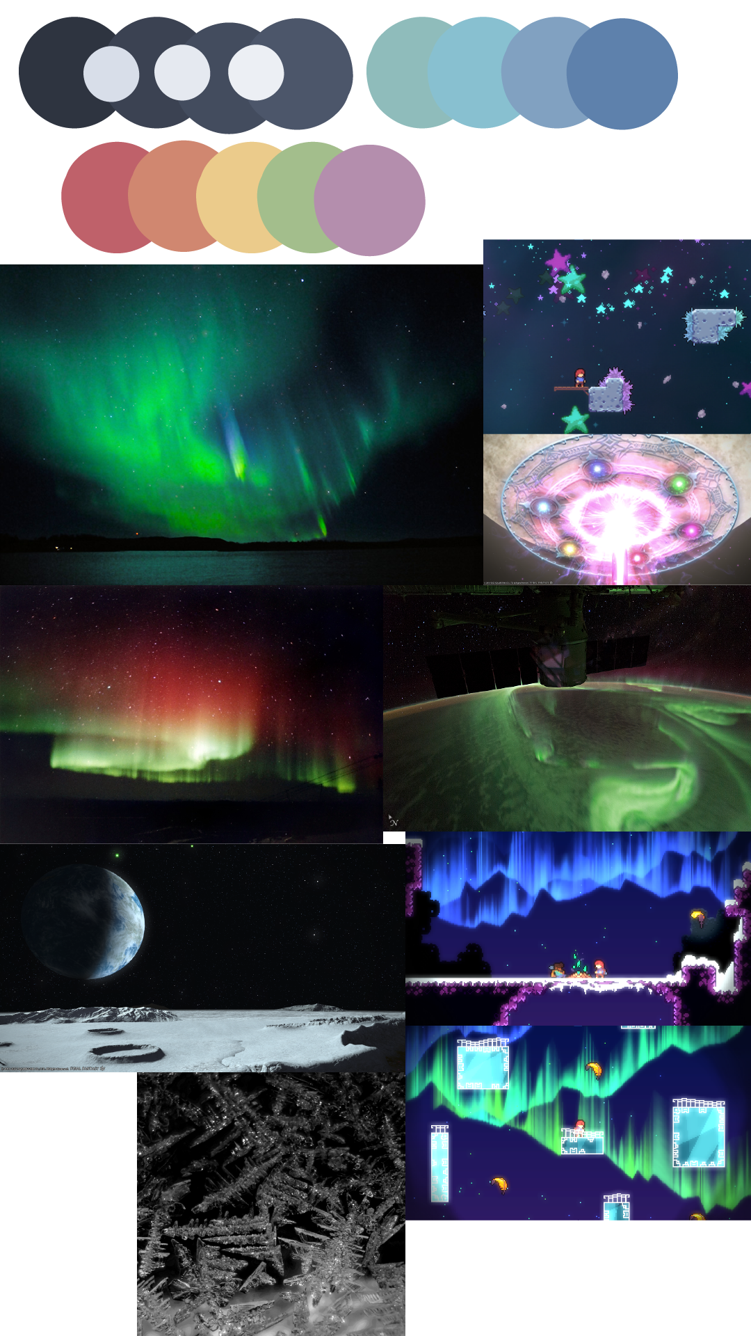 The mood-board made for moonbeam. At the top is a pastel palette, focused on the dark blue night sky as well as white and blue arctic colors. For color, pastel red, orange, yellow, green, and purple are included. Below are various images of the moon, screenshots of Celeste that feature auroras, and the Earth's northern lights viewed both from below and from space.