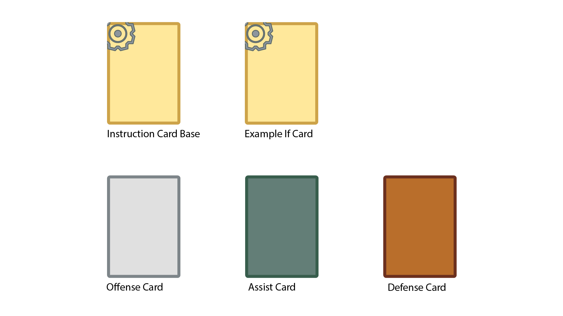 Ancient style visuals for Flowgram. The blank card this time has a gear in the top right, with the background being the color of old parchment. The three unit cards below are a darker metal color, a lighter metal color, and a bronze color.
