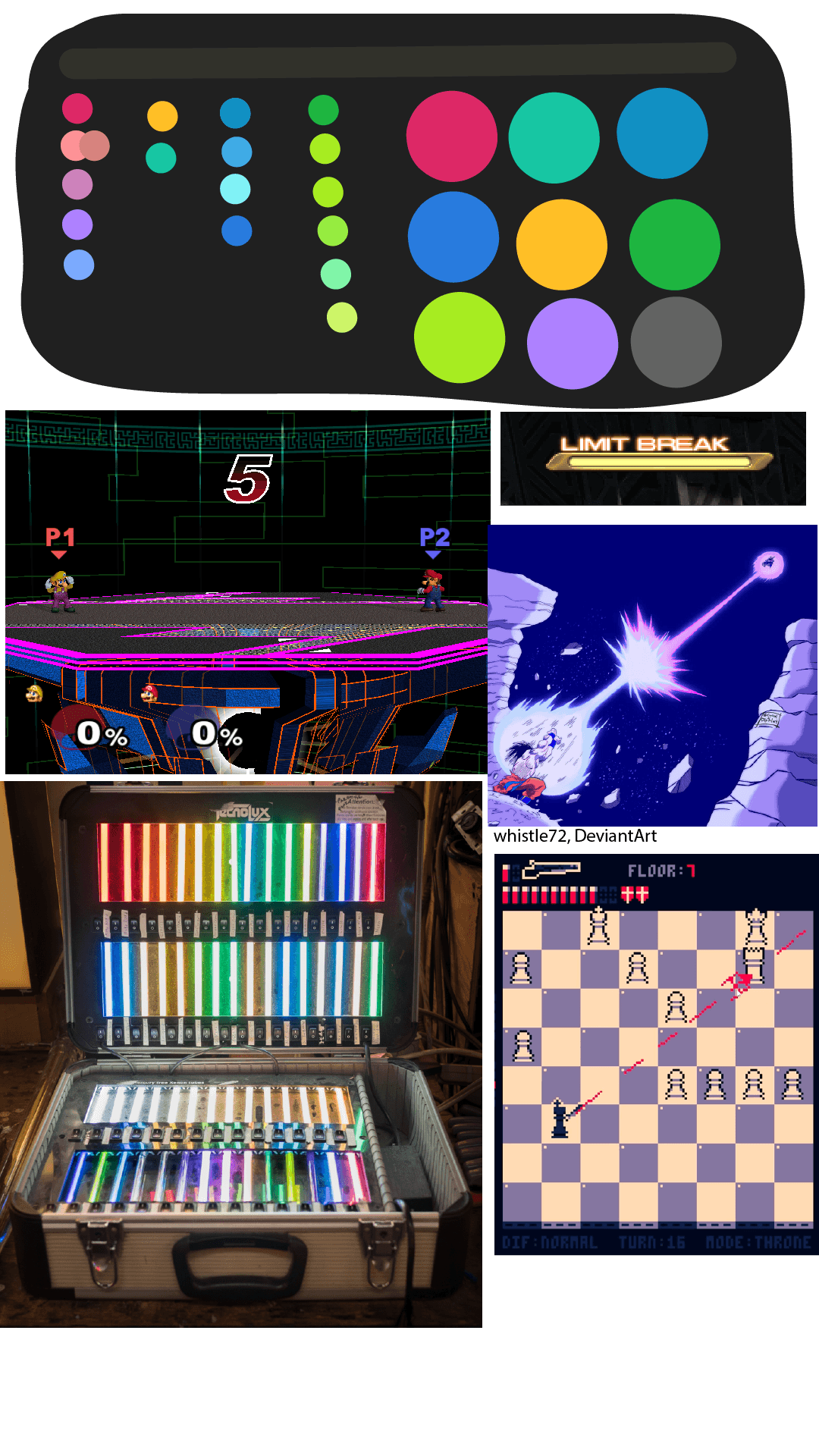 The mood-board made for flowgram. At the top is a neon, vibrant palette. Below are images of the countdown timer in Super Smash Bros. Melee, the Final Fantasy 14 Limit Break bar, the Shotgun King video game, a case of neon lights, and art of Kamehameha versus Galick Gun.