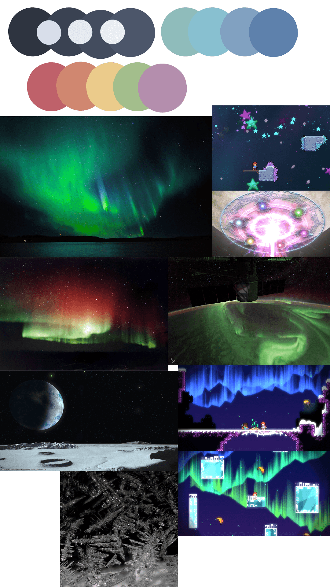 The mood-board made for moonbeam. At the top is a pastel palette, focused on the dark blue night sky as well as white and blue arctic colors. For color, pastel red, orange, yellow, green, and purple are included. Below are various images of the moon, screenshots of Celeste that feature auroras, and the Earth's northern lights viewed both from below and from space.