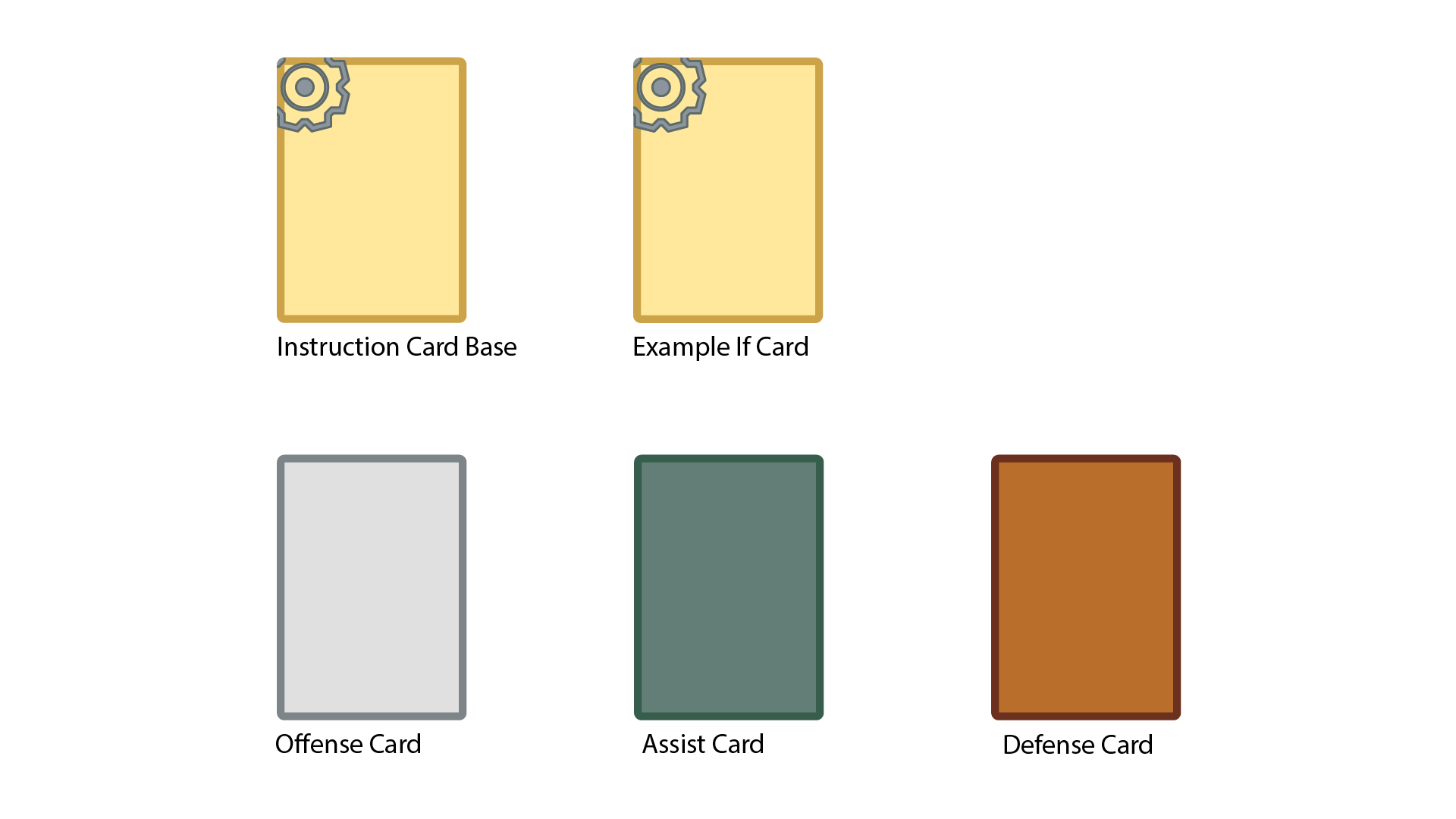 Ancient style visuals for Flowgram. The blank card this time has a gear in the top right, with the background being the color of old parchment. The three unit cards below are a darker metal color, a lighter metal color, and a bronze color.